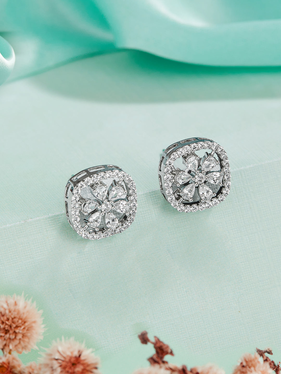 925 Sterling Silver Zircon Studded Halo Flower Dailywear Studds Earrings